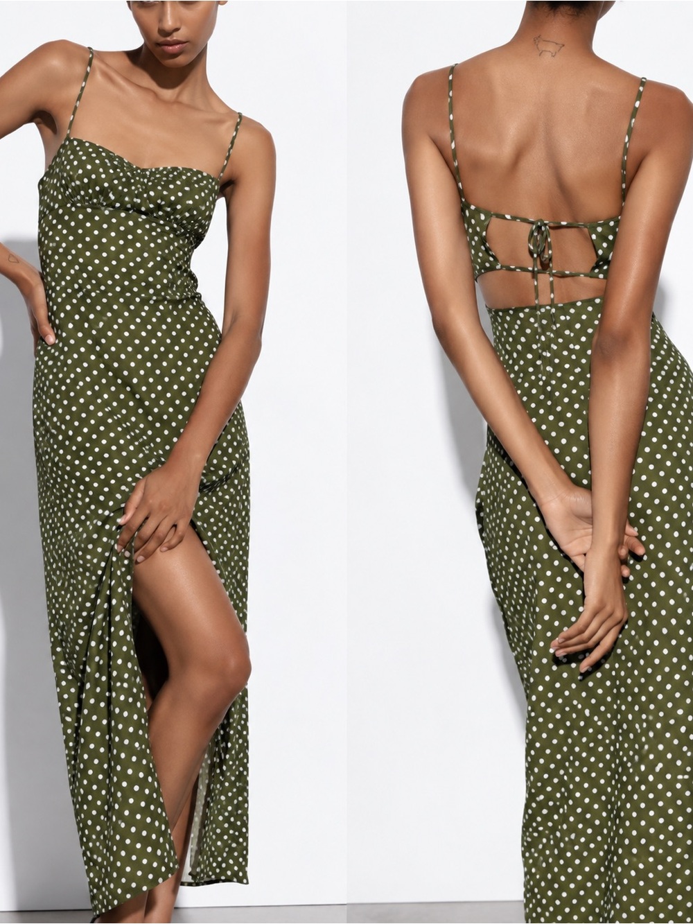 Zara Olive Green Polka Dot Backless Maxi Dress